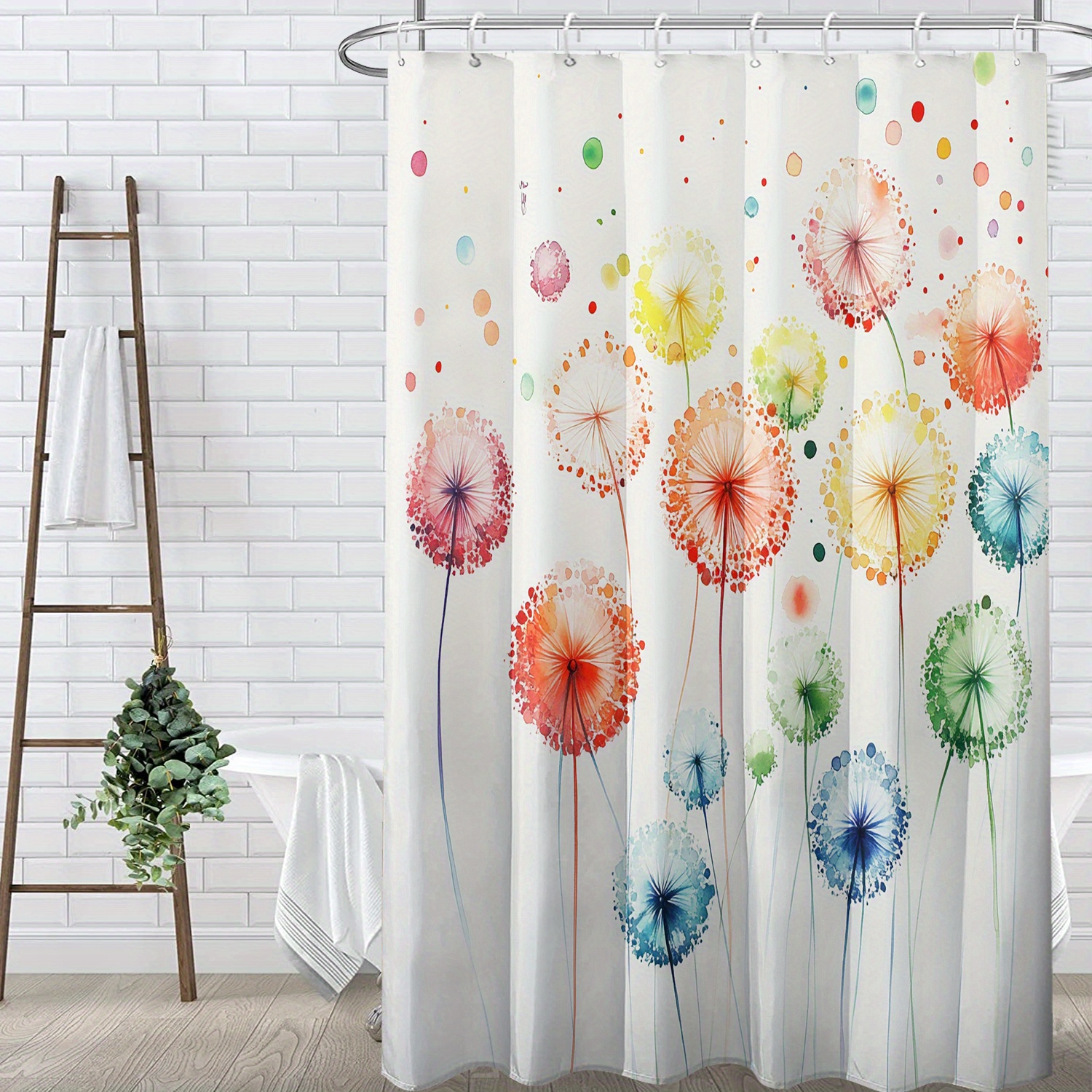 TEMU 1pc Of Colorful Watercolor Dandelion Printed Shower Curtain, A Spring Atmosphere. Bathroom Home Decor With Plastic Hooks Suitable For Home And
