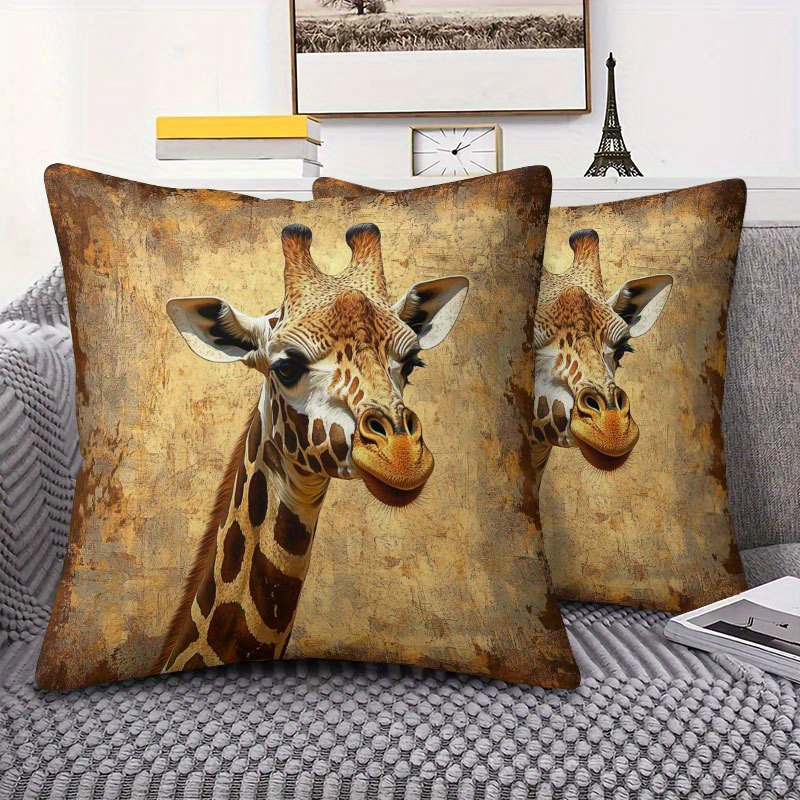TEMU Set Of 2, Soft Short Plush Pillow Covers Featuring A Single-sided Printed Design Of A Long-necked Giraffe On A Realistic Brown Background.