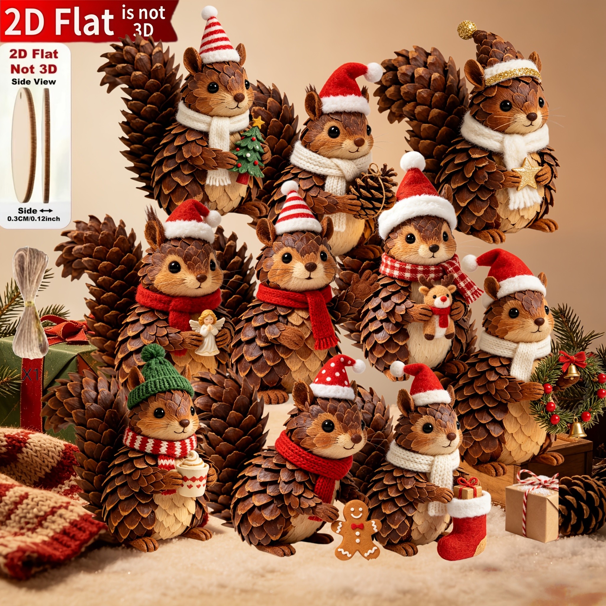TEMU 2d Flat, Popular New Arrival 2d Flat 10pcs And Squirrel Combination Wooden Christmas Ornaments, Outfits, Suitable For Trees, Homes, Parties, And