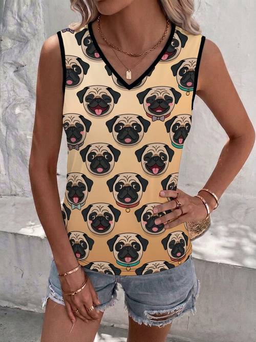 womens pug print v neck tank body bowtie pug blouse suitable for casual summer beachwear non machine washable shirt full stretch for daily wear vacation outfits gift for