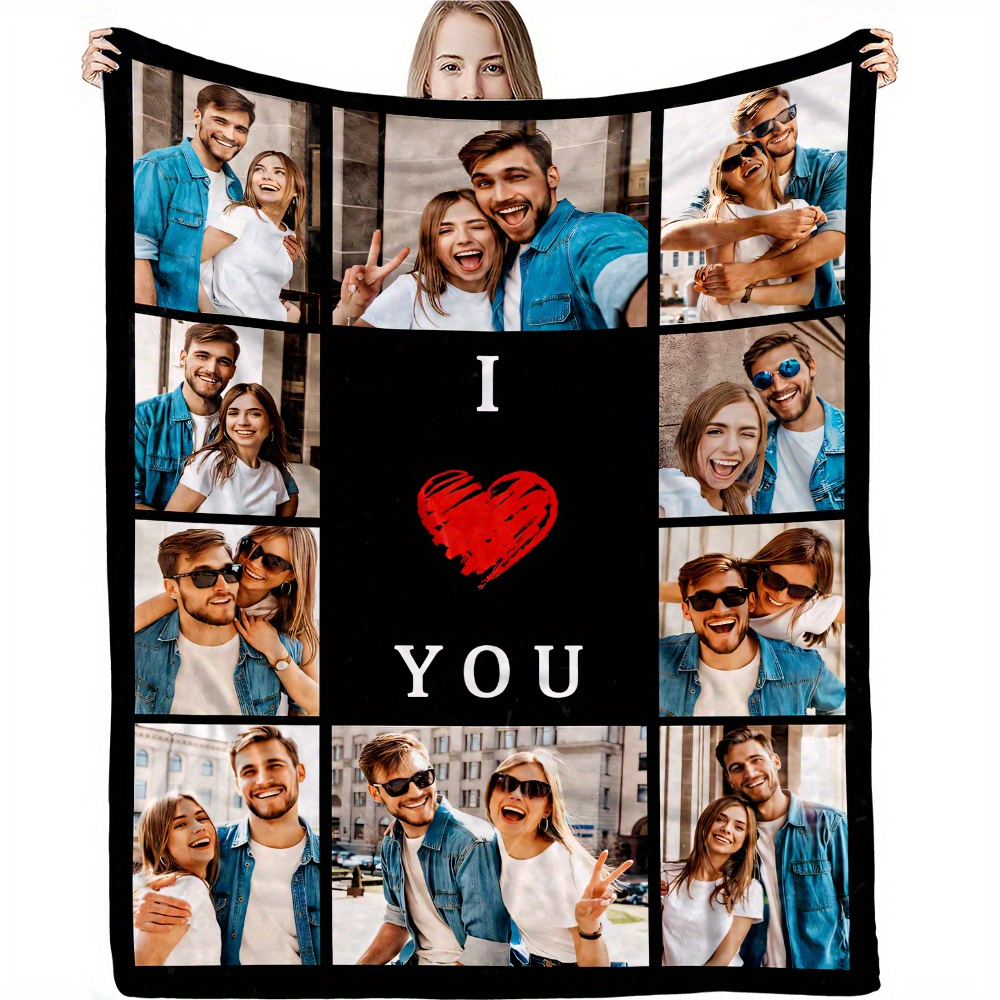 

1pc Custom "i Love You" Photo Flannel Throw Blanket, Personalized Memory Fleece Blanket For Couples, Family, Office, Bed, Sofa, Cushion Chair, Picnic, Travel - Soft Warm Cozy, , , Machine Washable