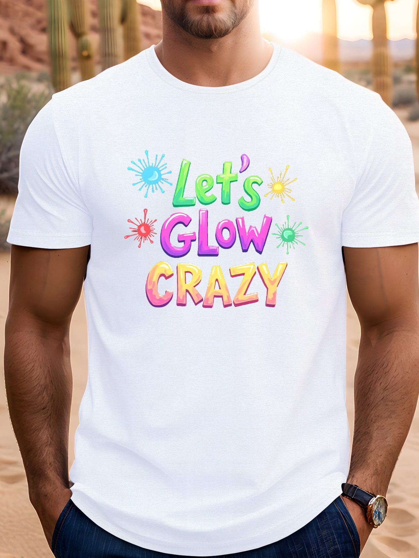 Men’s Casual T-Shirt – Bright Neon Print, Short Sleeve Summer Tee, 100%  Polyester, Round Neck, Machine Washable, Vibrant Fireworks De