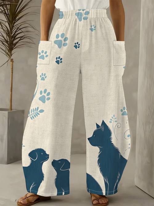 item picture womens full length wide leg pants with elastic high waist large side pockets suitable for pet lovers loose fit trousers with dog paw print leaf branches linen texture floor sweeping pants for casual wear machine washable