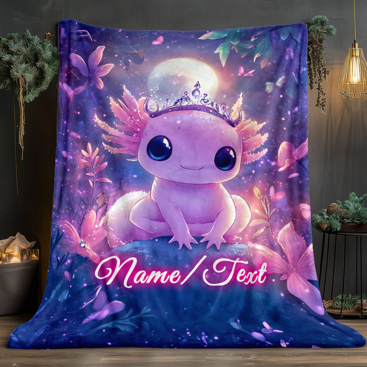 TEMU 1pc Custom Name Purple Axolotl On Rock Blanket - Lightweight Flannel Bedding Blanket Suitable For Sofas, Beds, Travel, Camping, Living Rooms,
