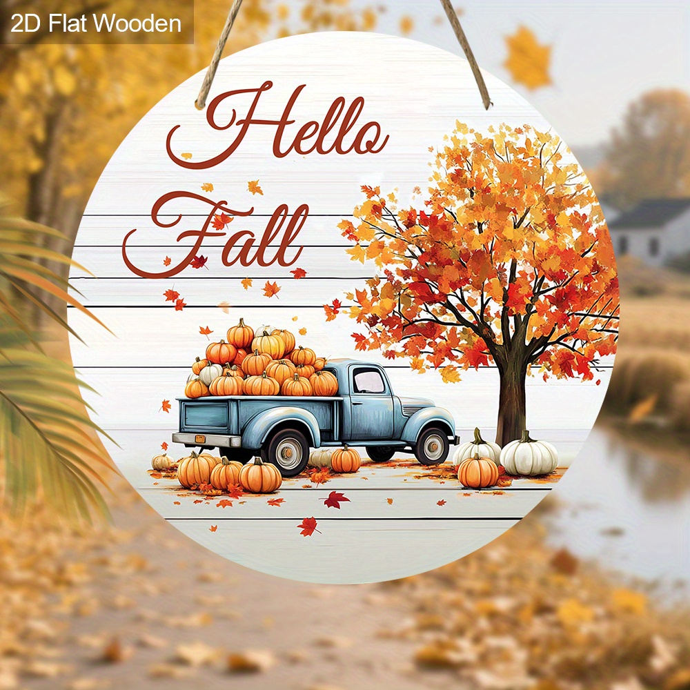 TEMU Ornement suspendu plat 2D 1pc Hello Autumn Fall en bois, décoration rustique de ferme d'automne, automne, citrouille, feuille d'érable, porte de