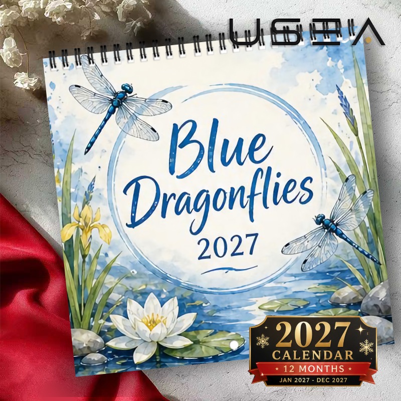 TEMU 2027 Wall Calendar 2027 Wall Calendar, 12-month Monthly Planner, Twin Wire Spiral 8.3x8.3 Inch Square Blue Dragonfly Botanical Hanging Calendar,