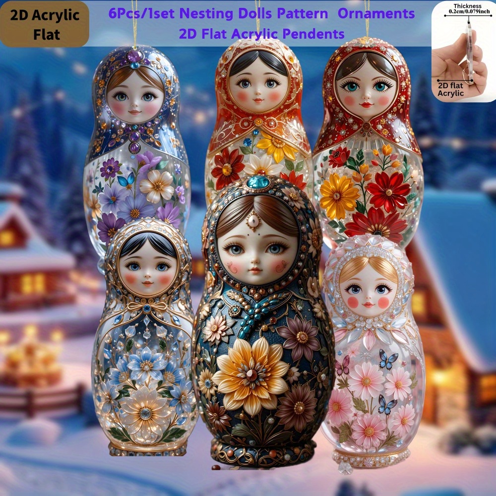 Image of 2d Flat, [2d Flat]6pcs/ 1set Colorful Nesting Dolls Acrylic Ornaments-pendants For Window, Shop, , Classroom, Home, Holiday Party, Christmas Tree, Thanksgiving, Newyear And Daily Decoration, 2d Flat