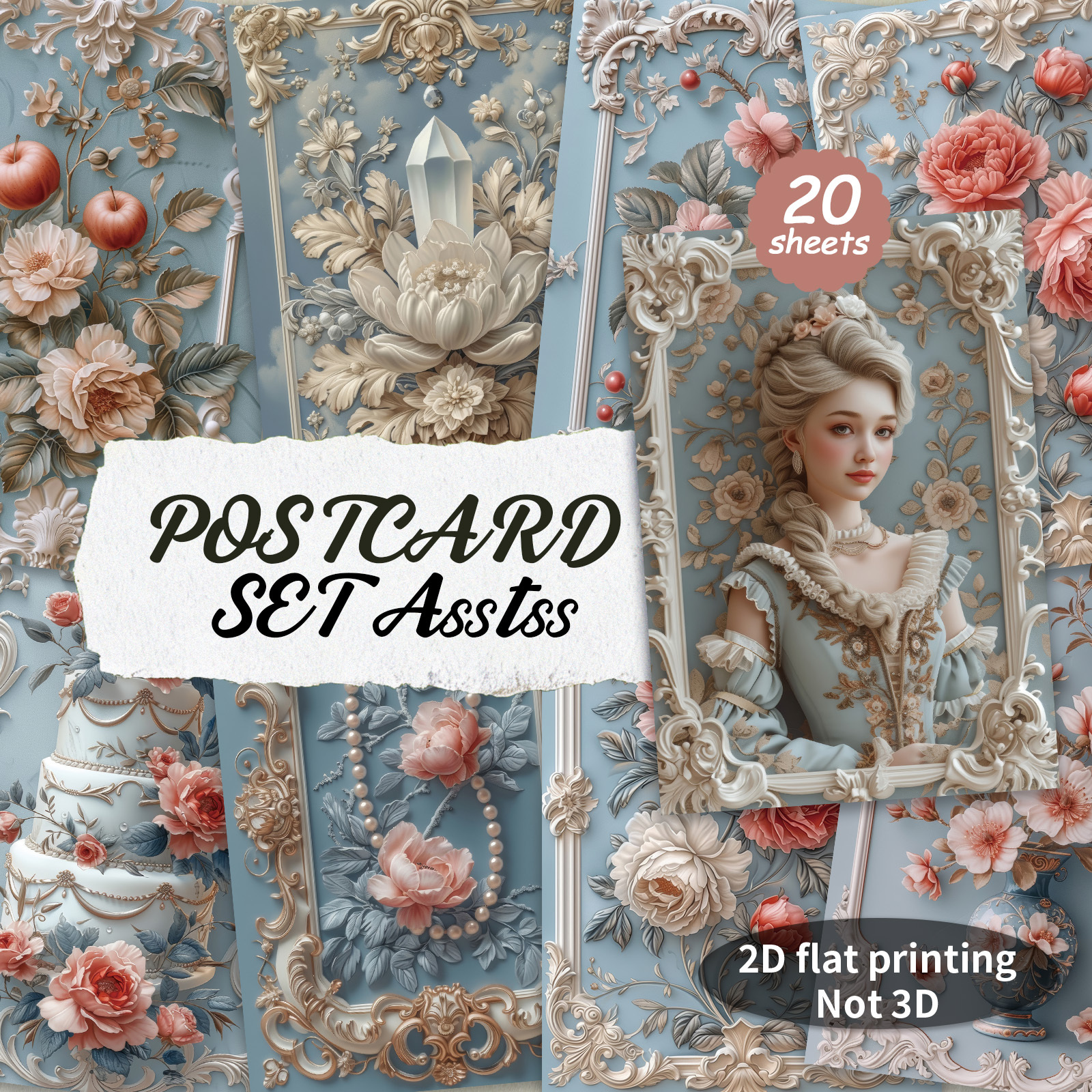 TEMU Set Of 20 Assorted Vintage Baroque Frames Featuring Blue Designs And 2d Postcards Measuring 4x6 Inches, Retro Junk Journals, Classic Pinup Art