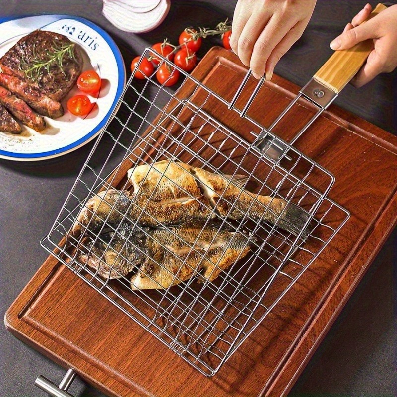 Panier Grille Barbecue Pliable 47x26cm - Poignée Bois - Pour Poisson, Légumes, Viande