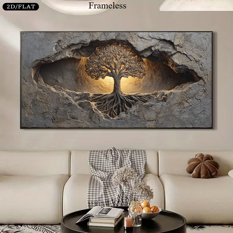 TEMU 2d Flat, 2d/flat 1pc Frameless Tree Of Life Mural - Canvas Art Print, Modern Decorative Tree Shape, Neutral Tones // Suitable For Living Room,