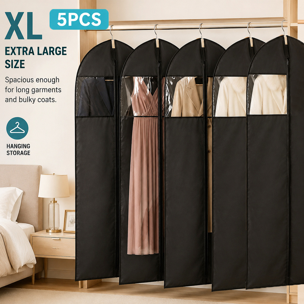 TEMU 5pcs Ntwgo Garment Bags Hanging Clothes Cover With Transparent Window & Full-zipper Closure, Breathable Non-woven Fabric Moisture-resistant Suit