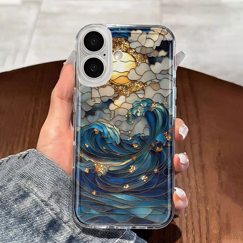 Murals Ocean Sun Phone Case for iPhone 16 15 14 13 12 11 Pro Max X XS XR XSMAX 7 8 6 6S Plus 16E Cartoon Transparent Shockproof Full Cover TPU Soft Shell Protective Case Minimalist Fashionable Anti-Shock Creative