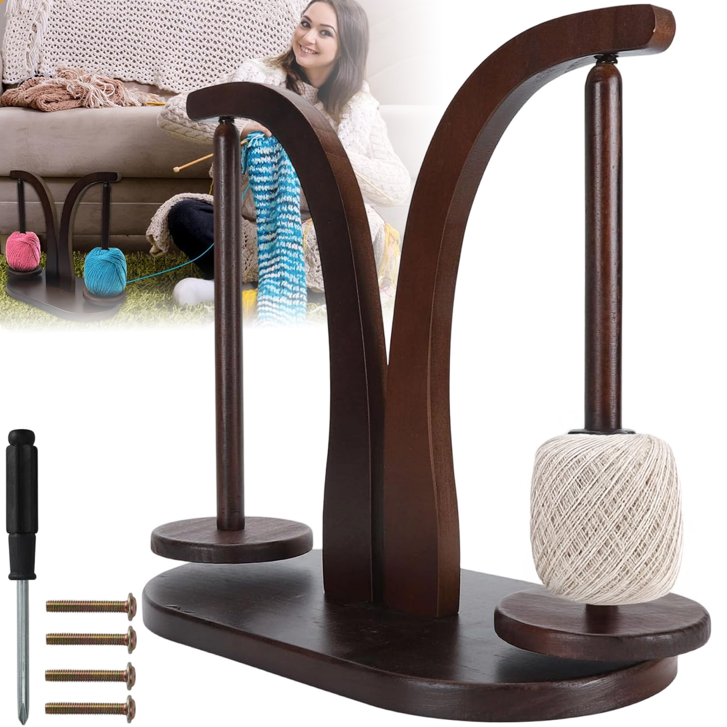 TEMU Magnetic Yarn Holder, Wooden Yarn Ball Stand, Double Spindle Yarn Spinning Holder For Crochet Enthusiasts, Yarn Storage