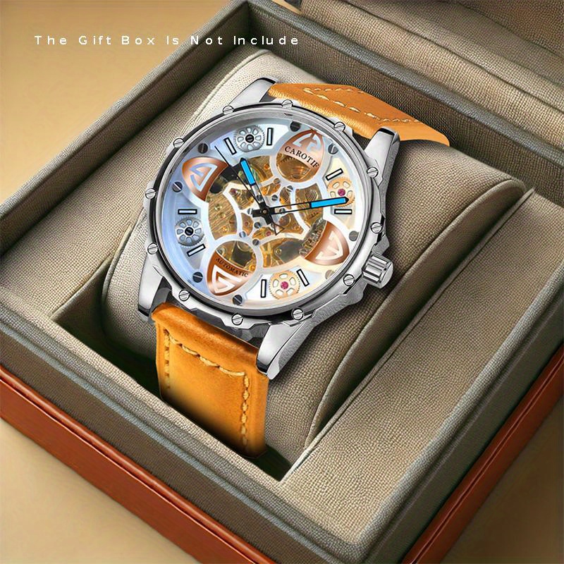 1pc mens orange leather strap automatic mechanical Temu