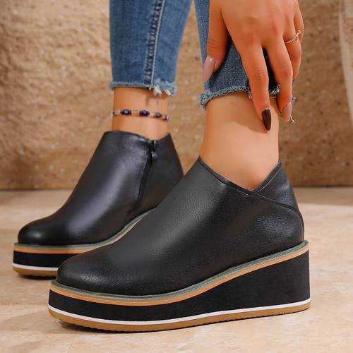 Women s High-Quality Platform Sneakers with Zipper Closure - Thick Platform Wedge Heel - Comfortable Lining - Exquisite Color Matching, Lightweight and Comfortable High Quality Platform Ankle Boots for Women, Suitable for Shopping
