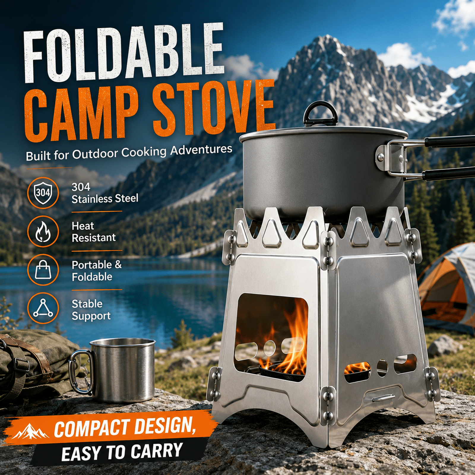 Image of Portable Wood Burning Camping Stove, Foldable Compact Campfire Stove With Carry Bag, Lightweight Backpacking Stove, Emergency Survival Cooking Burner For Hiking, Bushcraft, Picnic, And Outdoor Cooking