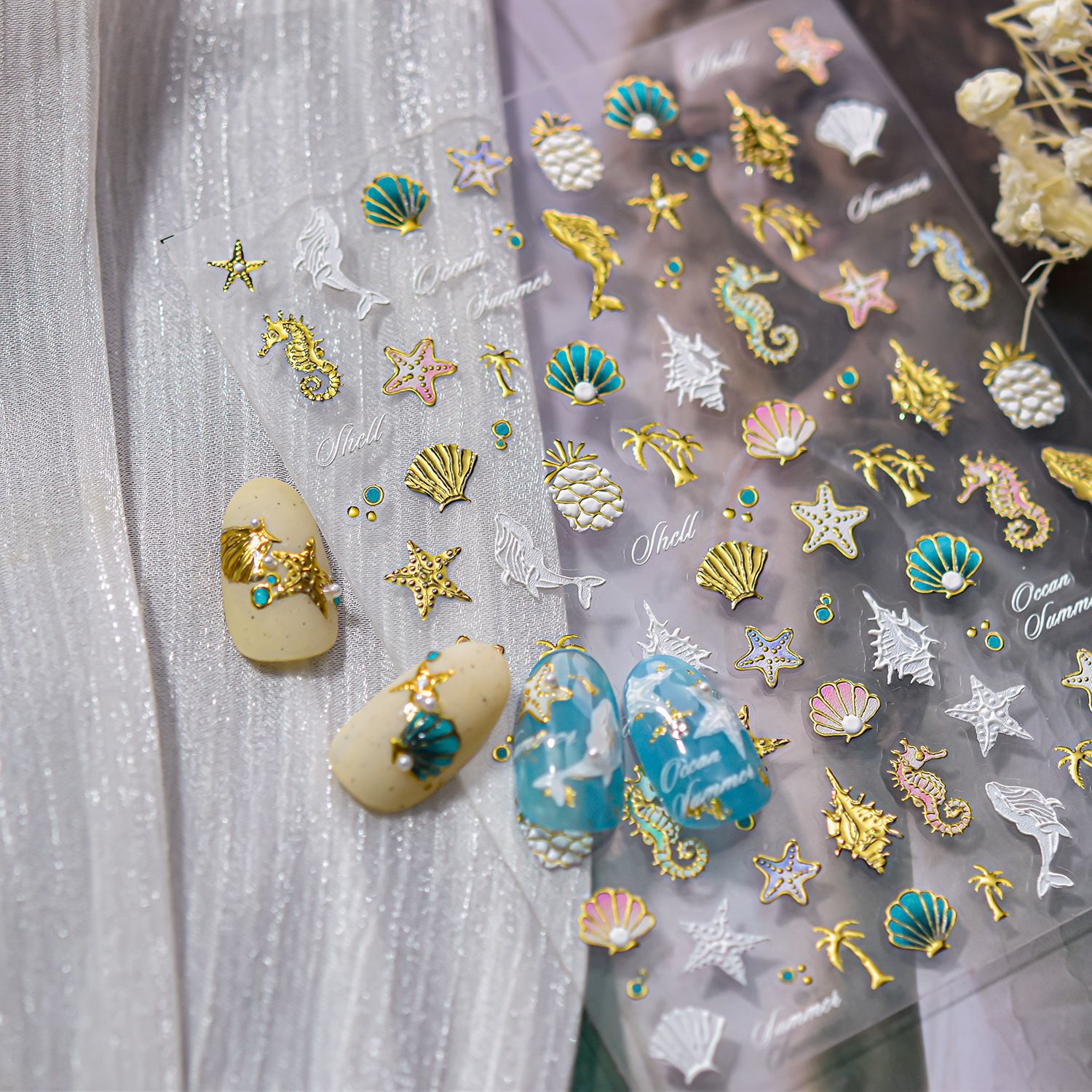 1pc Luxury Ocean-themed Nail Stickers, Featuring Gold- Coconut Trees, , Starfish, Seashells, And Conch Shells—self-adhesive Nail Decals And Nail Additions