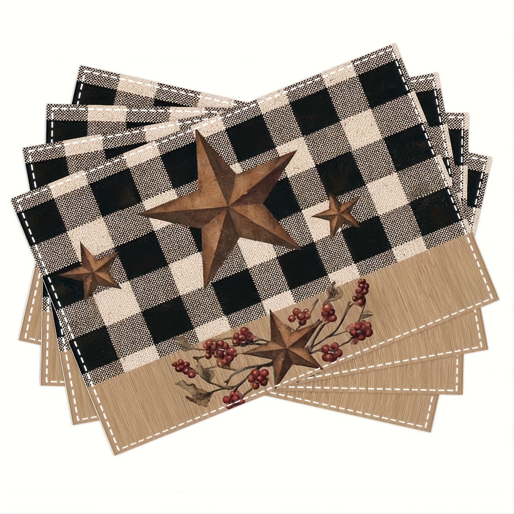 TEMU 4pcs, Black And White Checkered Pattern With Stars, Country Primitive Style. Kitchen Table Mats, Coffee Coasters, Bowl Mats, Insulated Dinner Plate Mats, Home Scene Decor 12x18 Inch