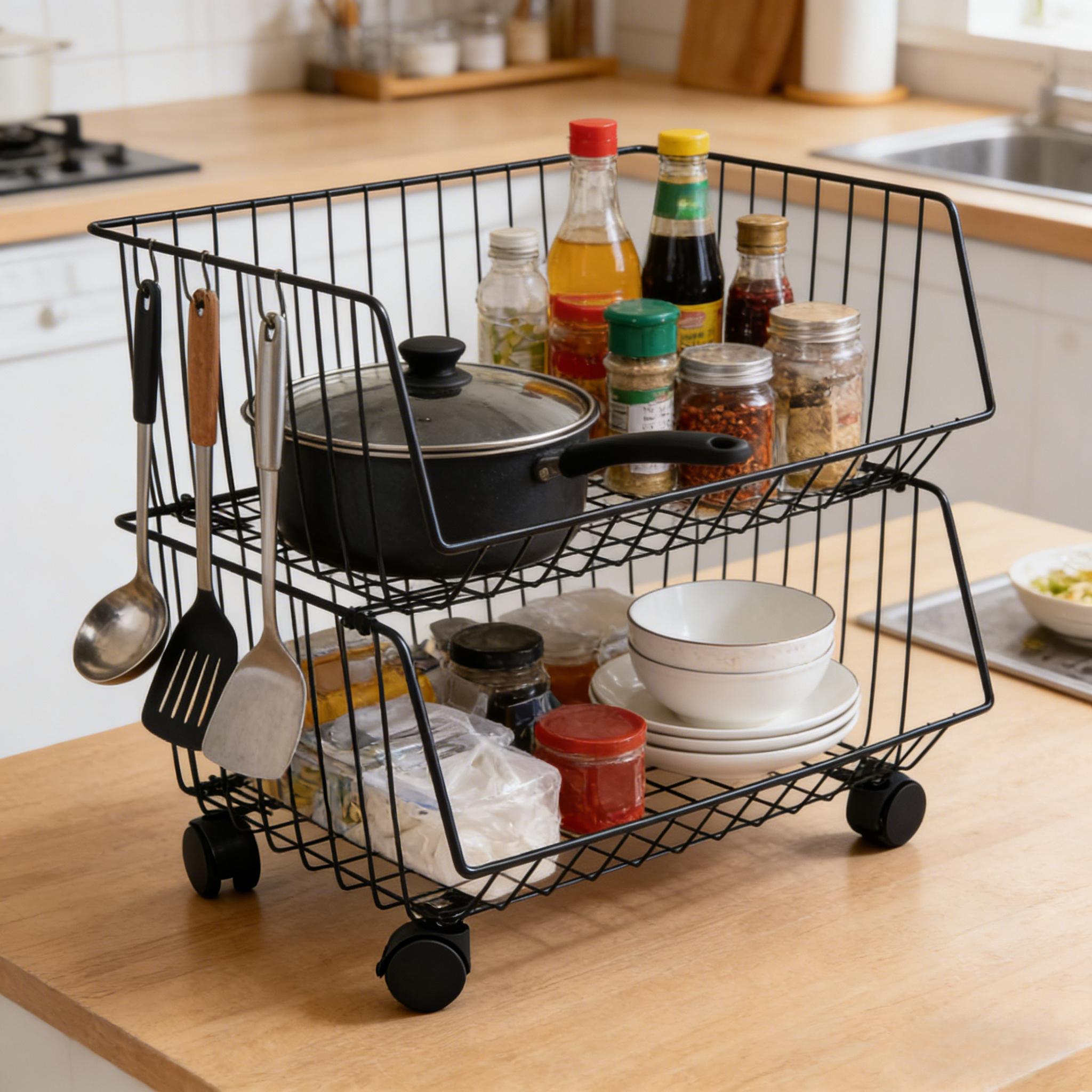 Multi-Layer Iron Storage Cart with Wheels, Mobile Organizer Rack
