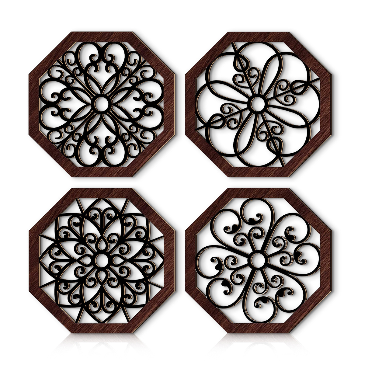 TEMU 2d Flat, 4pcs Bohemian Octagonal Wooden Wall Pediments With 2d Flat , Vintage Openwork Thin Strip Patterns, Scrolled Geometric Designs, Nordic