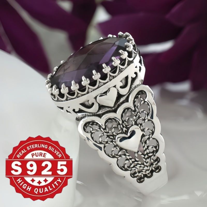 handcrafted 925 sterling silvery cocktail ring with amethyst gemstone vintage boho   for weddings parties details 2