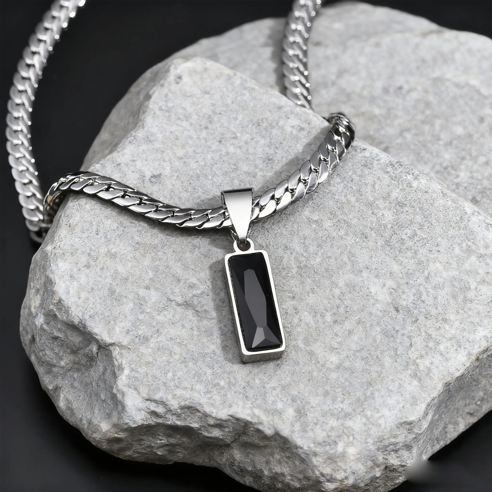 Image of 1pc Stylish Mens Geometric Stone Necklaces, Stainless Steel Flat Cuban Chain Collars, Hip Hop Jewelry Gifts For Him Boys