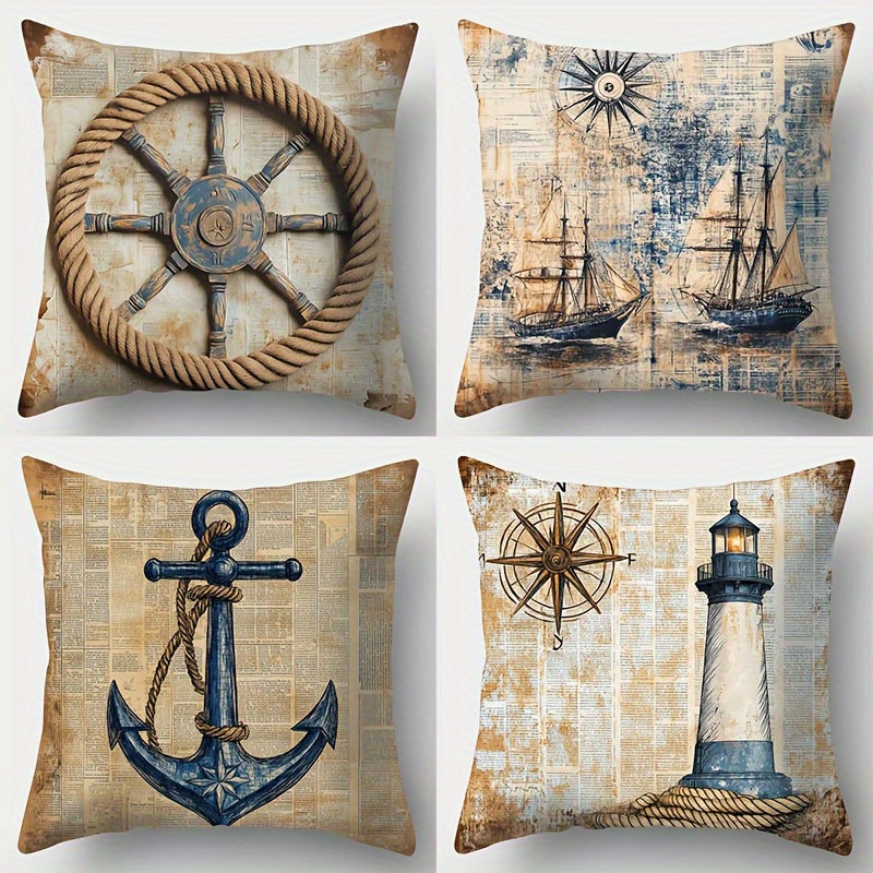 Image of 4-pack Vintage Nautical Pillow Covers: Ship, Wheel, Anchor, Lighthouse For Home Decoration, Suitable As Backrest Support Pillowcases, Throw Pillow Cover, Cushion Cover Without Inner Cores.