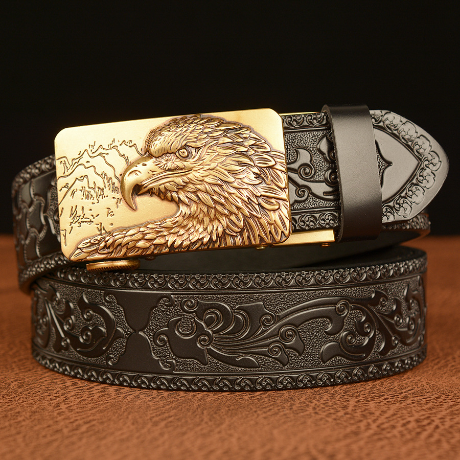 Poyyas Mens Belt For Women Fashion Retro Western Cowboy Eagle Embossed Floral Pu Leather Belt - Alloy Belt - Stylish, Durable Adjustable Belts - Ideal Holiday Gift