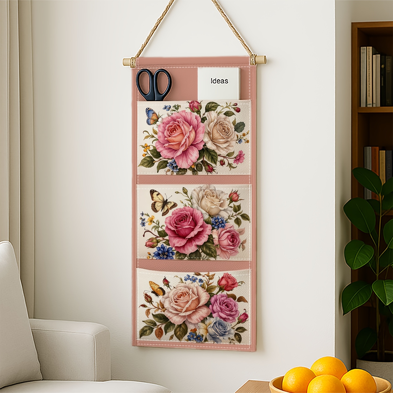 TEMU 2d Printed 1pc Vintage Floral Wall-mounted Storage Bag With Pink Roses & Design - Hanging Suitable For Living Room, Bedroom, Bathroom -