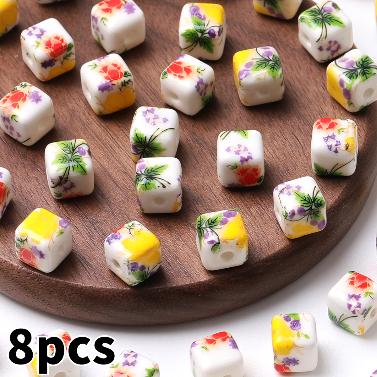 8pcs/16pcs Cube Printed Flowers Glazed Square Ceramic Beads for DIY Jewellery