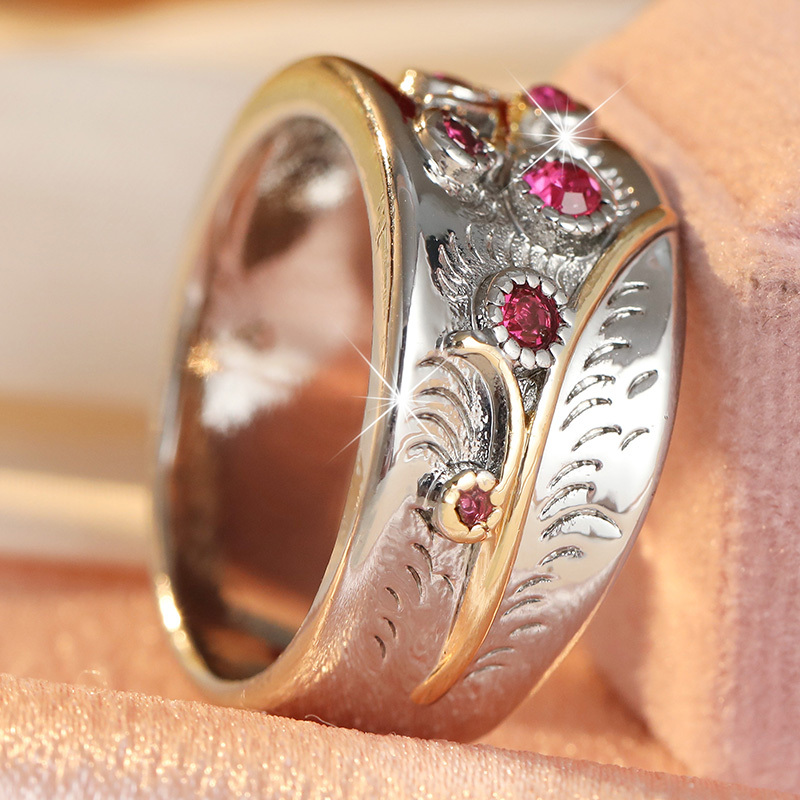 Women's Vintage Two-Tone Engraved Wide-Band Ring Set with Red Zirconia