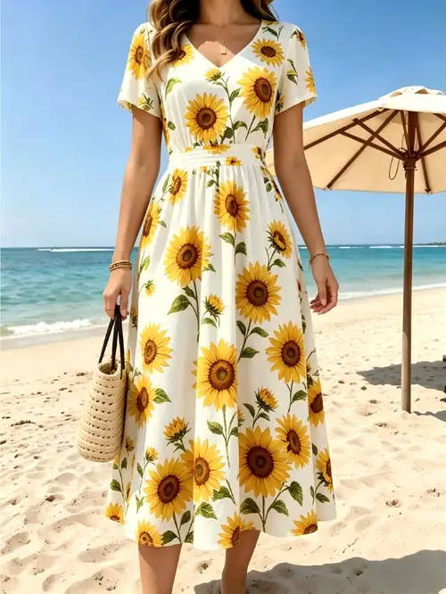 sunflower beach dress ANALISA Womens Sunflower Summer Dress