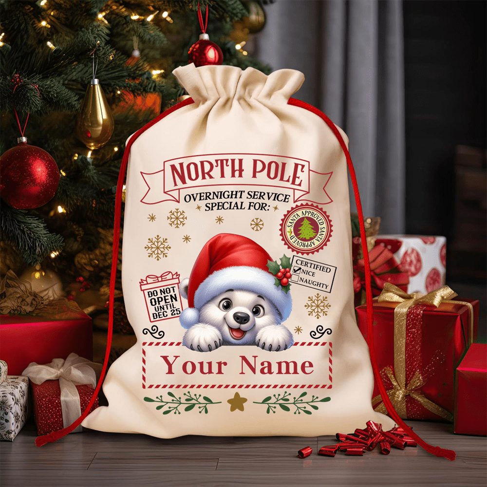 

Custom Name Christmas Drawstring Bag - Cartoon Animal Print, Holiday Gifts & Party Favors, Canvas Material