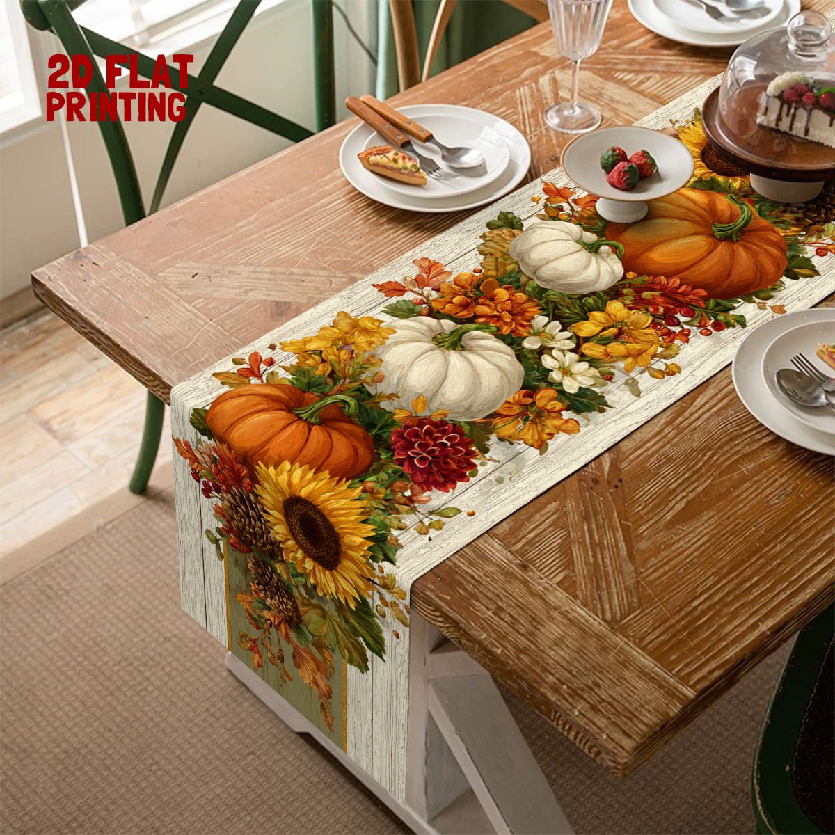 TEMU 1pc Table Runner Polyester 2d Flat Printing Kitchen And Table Thanksgiving Sunflower Pumpkin Print, Natural Realistic Style/autumn And