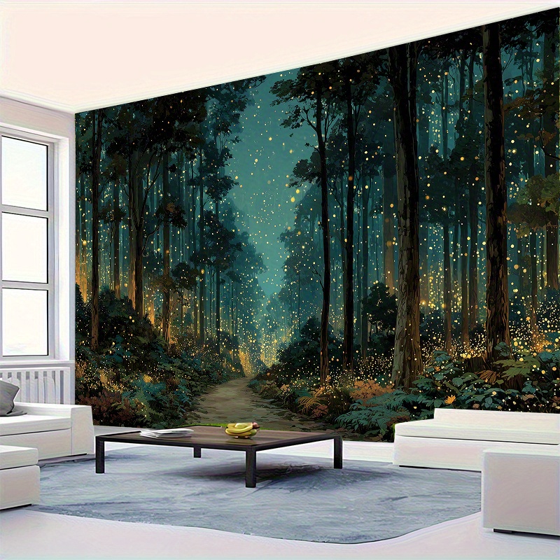 TEMU 1pc Tapisserie Forêt Magique - Lumineuses et Chemin , Pas d'Électricité , Décoration Forêt Vert Foncé et Doré, Adapté pour Salon, Chambre, Fond