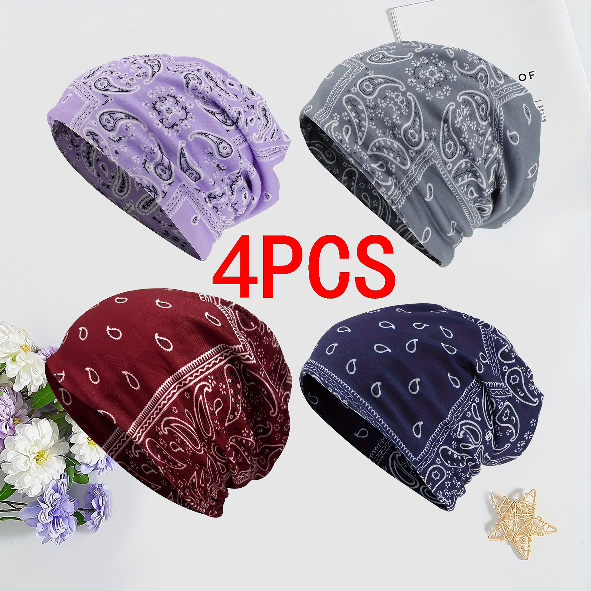 TEMU 4pcs Of Bright Colors, Paisley Printed Loose Caps, Soft And Elastic Polyester Caps, Machine Washable, Father's Day Gift, Gift, Casual Headwear,