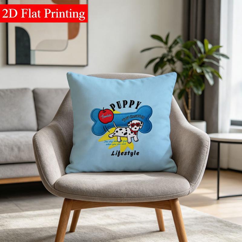 품목 사진 라이트 블루 달마시안 강아지 장식용 베개 커버, 45×45cm 양면 프린트, PUPPY   문구 포함, 모던한 거실 장식용, 부드러운 원단, 안락의자/소파 공간에 아늑한 분위기 추가