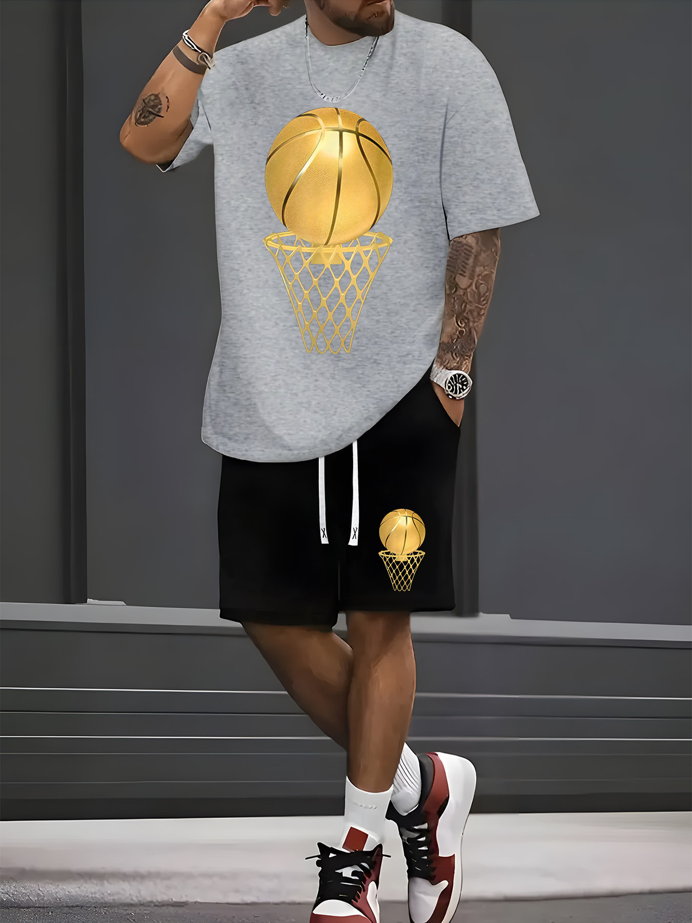 a two piece casual sports set men featuring a short sleeve t