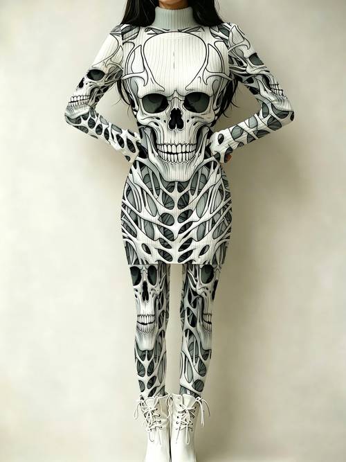 womens dress set with skull pattern artistic graphic design fashionable outfit for daily wear party trendy style unique aesthetic women