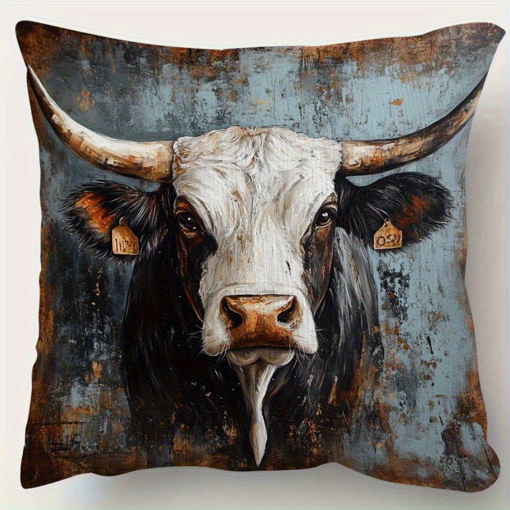 TEMU 1pc British Longhorn Cow Pillow Cover, 45.72x45.72cm - Soft Smooth Polyester Short Fleece Fabric, Single-sided Print, Zipper Closure,
