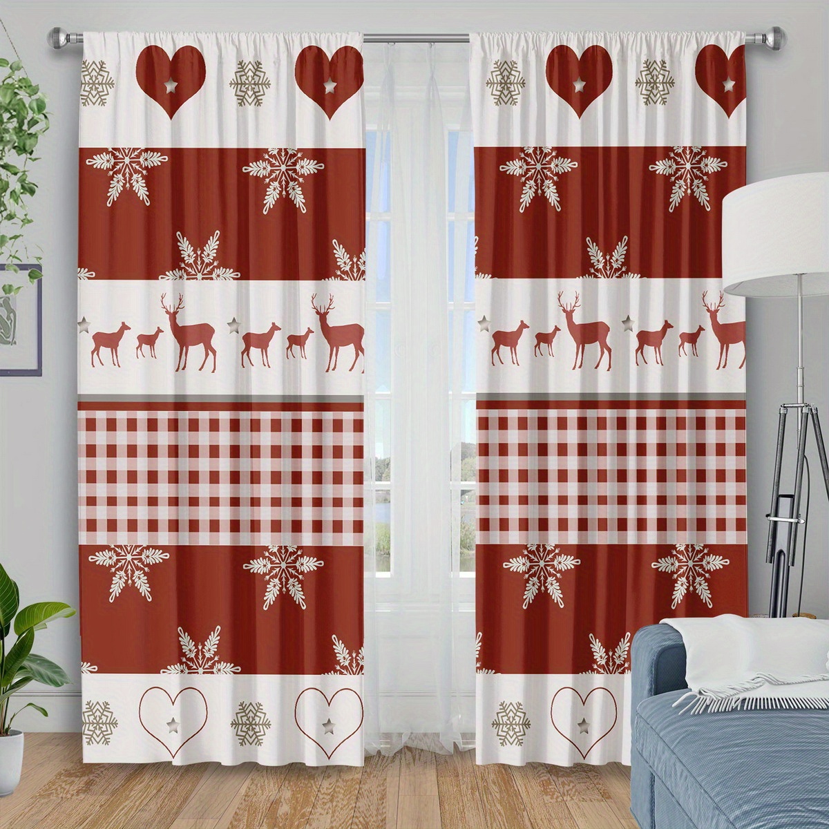 TEMU Ensemble de 2 rideaux rustiques rouges et avec un motif à carreaux de , de neige et cœur. Ces rideaux occultants offrent une isolation et
