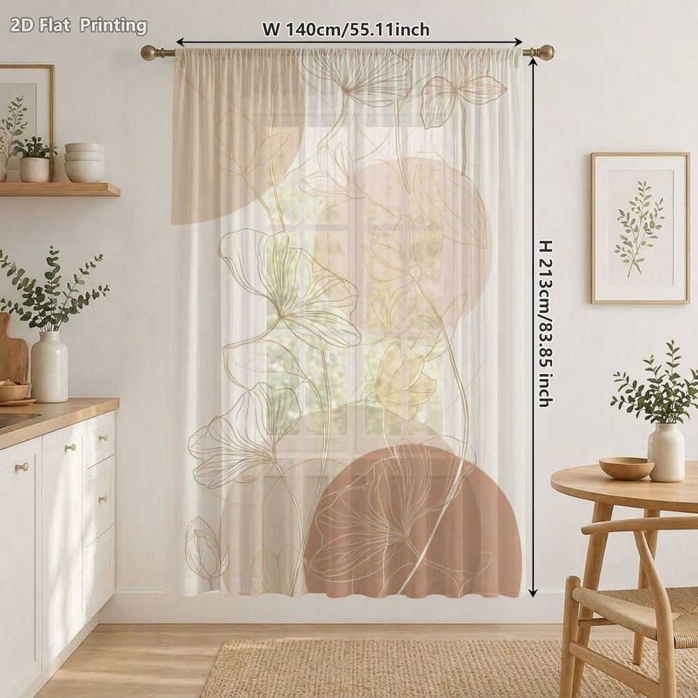 TEMU 1 rideau élégant à motif floral en gaze dorée, rideaux transparents avec imprimé de magnolia, écran d'intimité filtrant , fond géométrique de