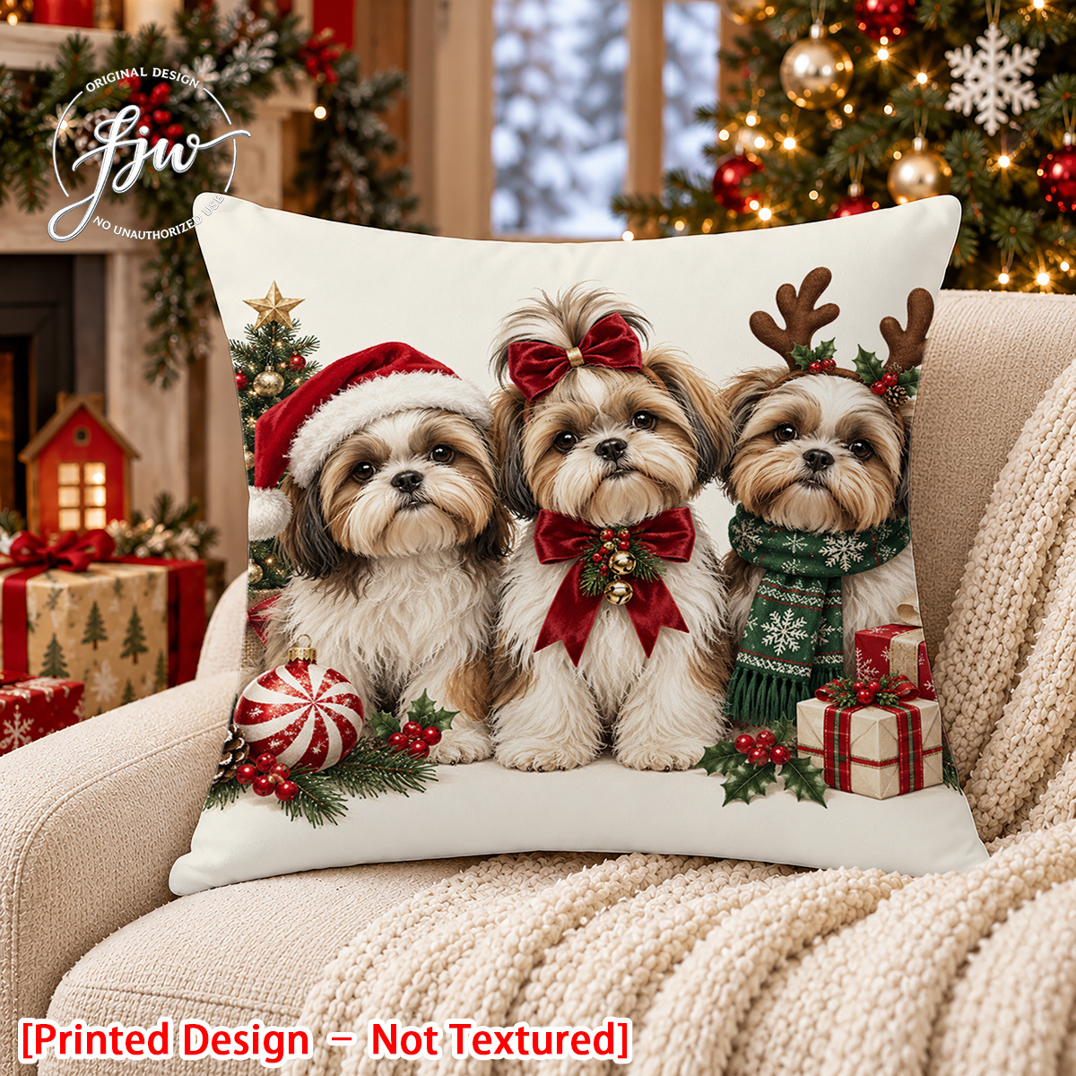 TEMU [printed Design – Not Textured] - 1pc Christmas Style Shih Tzu Pillowcase Home Cushion Cover, Using Flat 2d Printing , A Light- Decorative