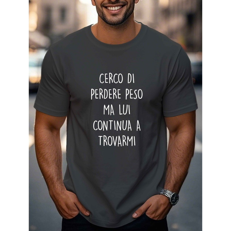 

1pc Italian Humor Men's T-shirt, Casual Polyester Knit Crew Neck Tee, Regular Fit, Stretchable Fabric, With Geometric Pattern, For Summer Top For Adults