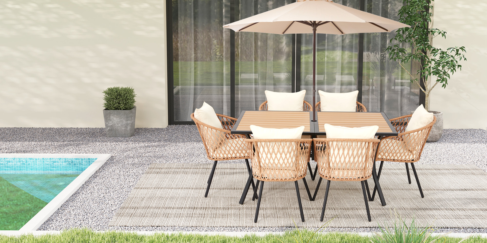 Outdoor Dining Set for Seven, Featuring a Rectangular Table with an Umbrella Hole And Six Rattan Chairs, Suitable for All Weather Conditions, Perfect for Your Backyard, Lawn, Or Garden