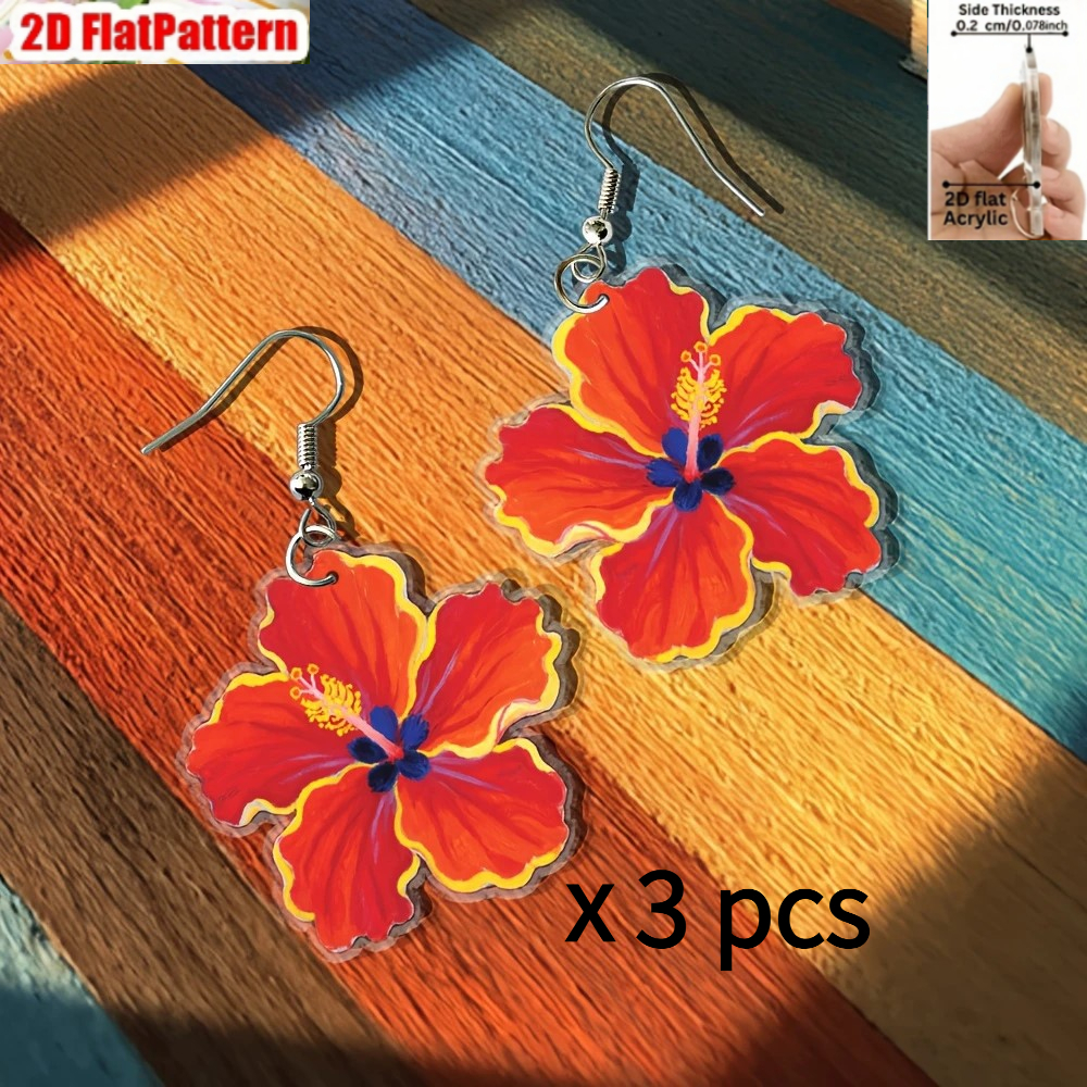 TEMU 2d Flat | 3 Pairs/colored Hibiscus Acrylic Earrings, Tropical Hawaiian Vacation Floral Earrings, Summer Beach Party Wear Women's Gift