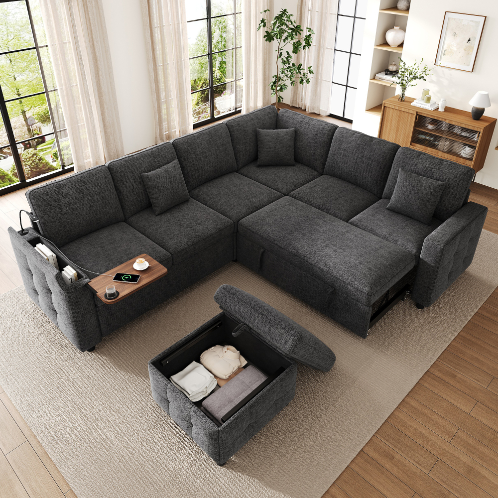 This Gray L-shaped Extra-large Sofa Bed Measures 261×203×88cm, Features Armrest Storage, A Folding Table And Cup Holder, And Includes 3 Cushions, Making It A For Living Rooms And Large Spaces