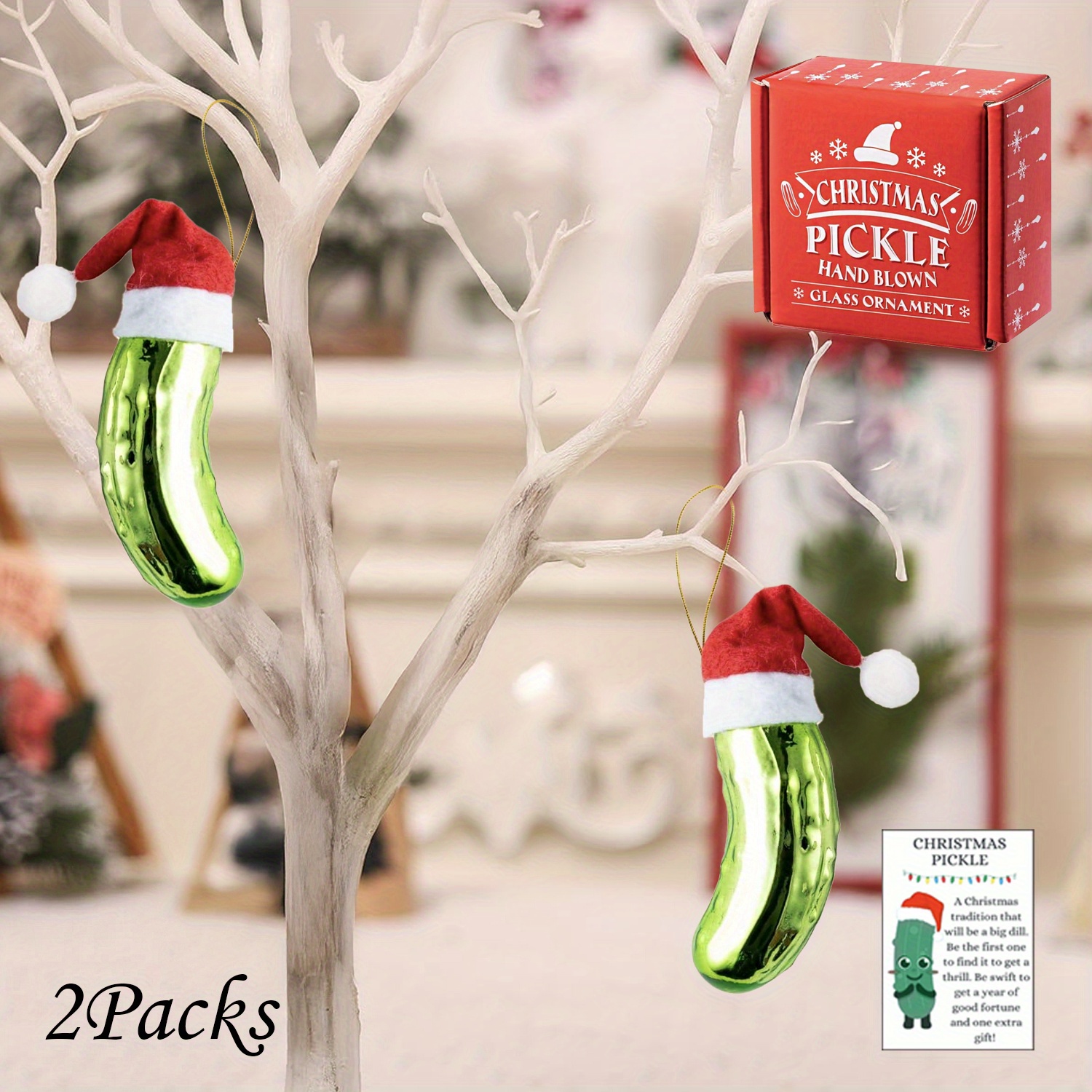 Image of Aipusi 2pcs Blown Glass Christmas Pickle Ornaments Gift Set With Red Hats & Gift Card - Traditional Decorations Suitable For Tree, Home & Holiday Parties - Glass Pickle Decorations