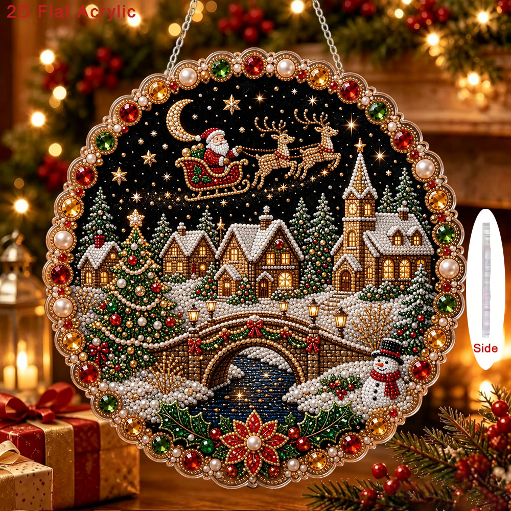 TEMU 2d Flat, Christmas Relief Acrylic Pendant Pearl Diamond Inlaid Holiday Decoration Gingerbread House Sleigh Reindeer Scene Home Window Christmas