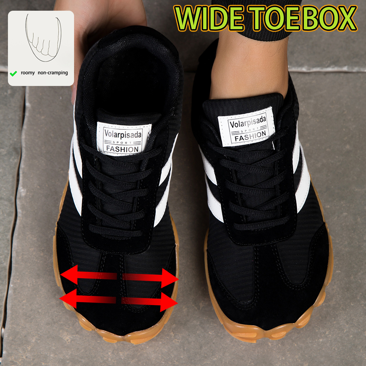 Image of Men's Wide Toe Box Sneakers With Corduroy & Suede Upper - Adjustable Lace-up Low-top, Thick Non-slip Sole & Cushioned Midsole Suitable For City Walking, Campus, Gym, Outdoor - Wide Toe For , - Wear